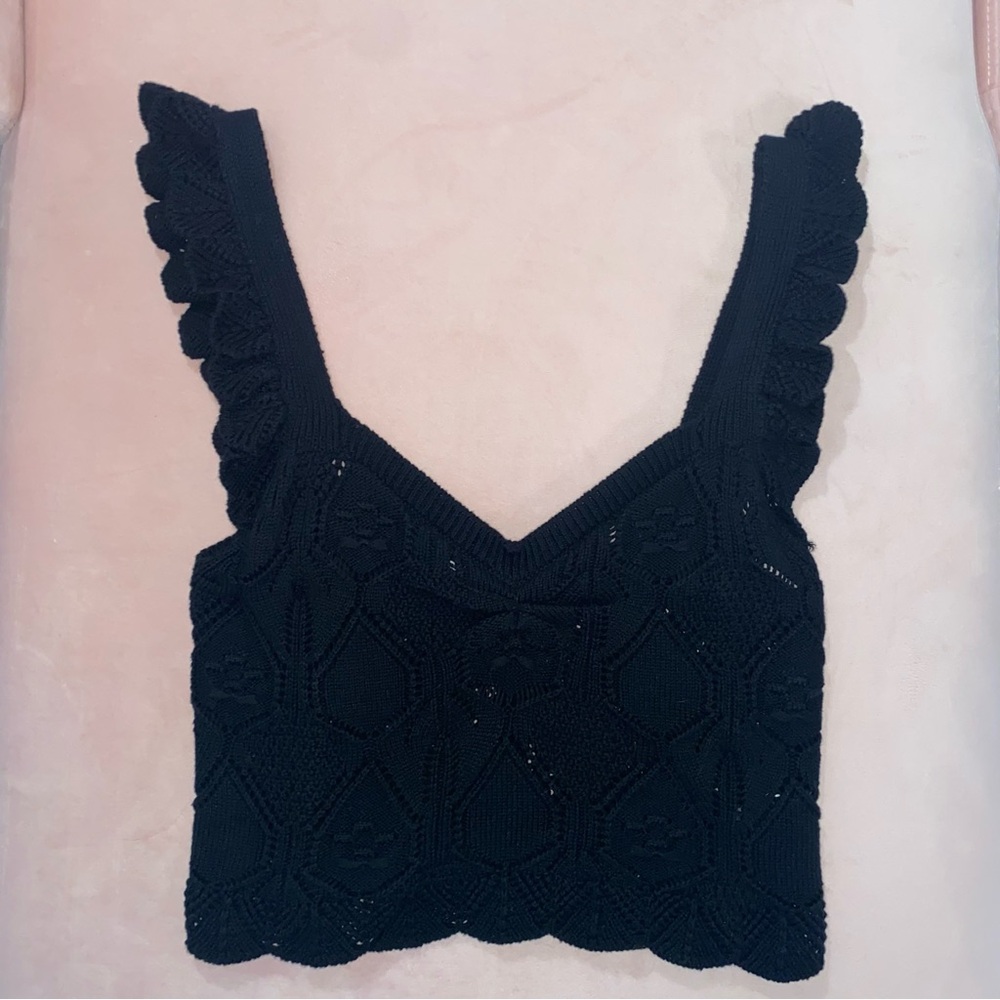 Black Crochet/Knit Crop Top with Ruffle and Ruching Detail